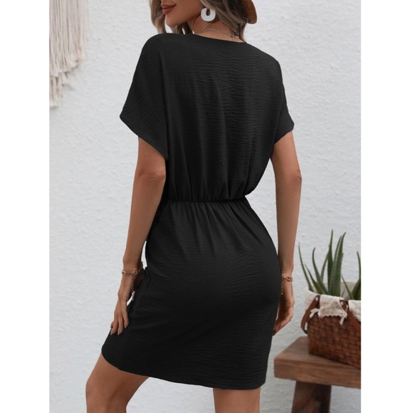 Black Wrap Side Tie Mini Dress Short Sleeves - Picture 3 of 9